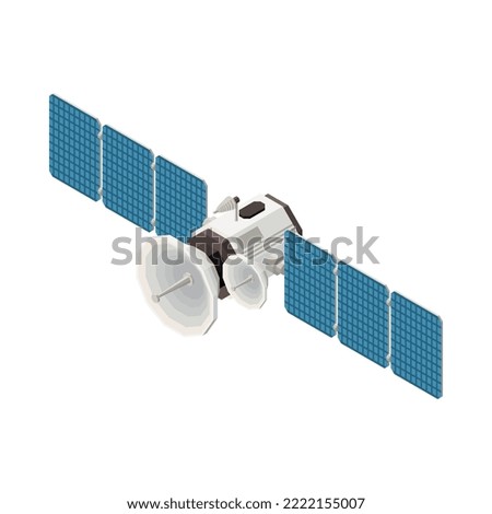 Isometric telecommunication space satellite with dish antennae 3d vector illustration