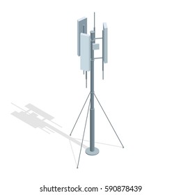Isometric Telecommunications towers. A mobile phone communication repeater antenna vector flat illustration