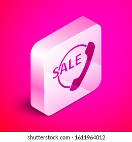 Isometric Telephone 24 hours support icon isolated on pink background. All-day customer support call-center. Full time call services. Silver square button. Vector Illustration