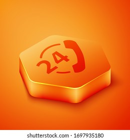 Isometric Telephone 24 hours support icon isolated on orange background. All-day customer support call-center. Full time call services. Orange hexagon button. Vector Illustration