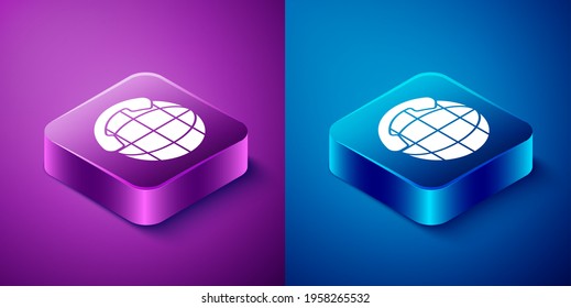 Isometric Telephone 24 hours support icon isolated on blue and purple background. All-day customer support call-center. Full time call services. Square button. Vector Illustration