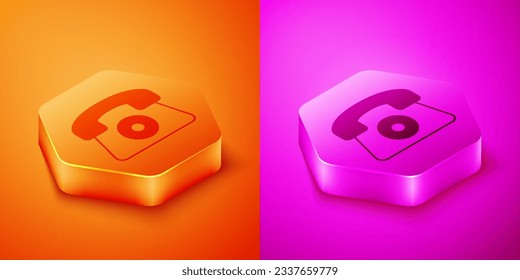Isometric Telephone 24 hours support icon isolated on orange and pink background. All-day customer support call-center. Full time call services. Hexagon button. Vector