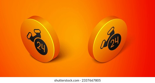 Isometric Phone icono de soporte de 24 horas aislado en el fondo naranja. Centro de atención al cliente durante todo el día. Servicios de llamadas a tiempo completo. Botón de círculo naranja. Vector