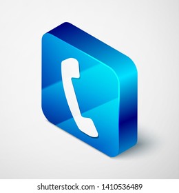 Isometric Telephone handset icon isolated on white background. Phone sign. Blue square button. Vector Illustration
