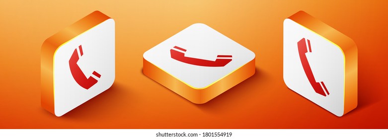 Isometric Telephone handset icon isolated on orange background. Phone sign. Call support center symbol. Communication technology. Orange square button. Vector.