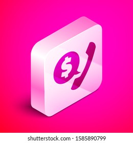 Isometric Telephone handset and speech bubble chat icon isolated on pink background. Phone sign. Silver square button. Vector Illustration