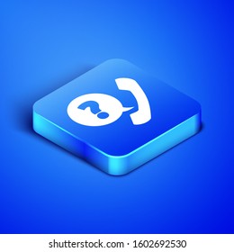 Isometric Telephone handset and speech bubble chat icon isolated on blue background. Phone sign. Blue square button. Vector Illustration