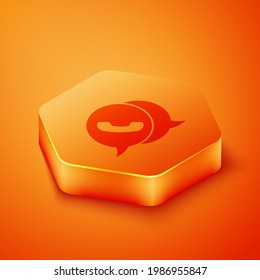 Isometric Telephone with speech bubble chat icon isolated on orange background. Support customer service, hotline, call center, faq. Orange hexagon button. Vector Illustration