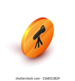 Isometric Telescope icon isolated on white background. Scientific tool. Education and astronomy element, spyglass and study stars. Orange circle button. Vector Illustration