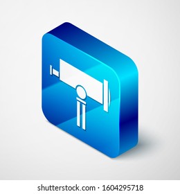 Isometric Telescope icon isolated on white background. Scientific tool. Education and astronomy element, spyglass and study stars. Blue square button. Vector Illustration