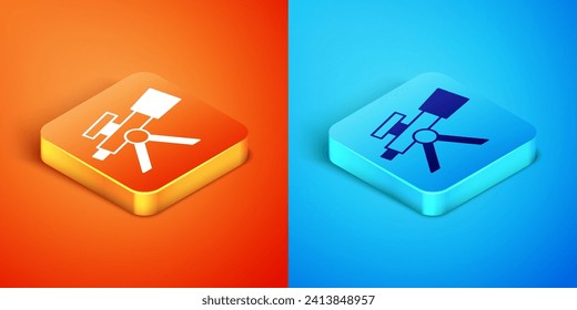 Icono del telescopio isométrico aislado en fondo naranja y azul. Herramienta científica. Elemento educativo y astronómico, vidrio espía y estrellas de estudio.  Vector