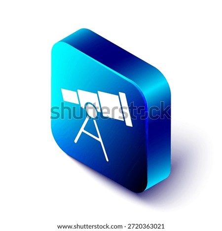 Isometric Telescope icon isolated on white background. Scientific tool. Education and astronomy element, spyglass and study stars. Blue square button. Vector