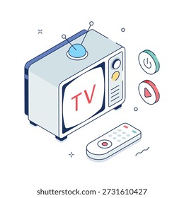 Ilustração de televisão isométrica com controle remoto para mídia, entretenimento e transmissão