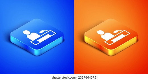 Isometric Television report icon isolated on blue and orange background. TV news. Square button. Vector