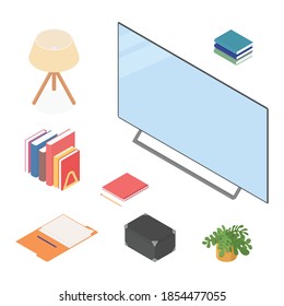 Isometric television set. Isometric vector illustration in flat design. Working from home, office, doing homework, school. 