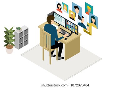 Isometric, teleworking people working from home are having an online meeting