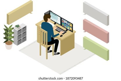 Isometric, teleworking people working from home are having an online meeting