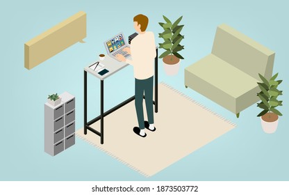 Isometric, teleworking people working from home are having an online meeting