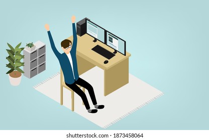 Isometric, teleworking where people working at home stretch