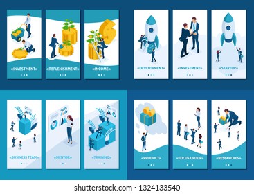 Isometric Template app 3D design concept start up, mentorship, marketing research, reliable investment.