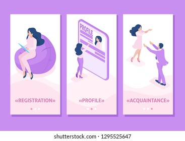 Isometric Template app Isometric Template app acquaintance, love, meeting, people connect parts of a big heart, smartphone apps.