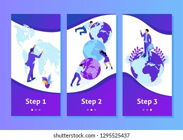 Isometric Template app Big businessman running the world, world map, smartphone apps. Easy to edit and customize.