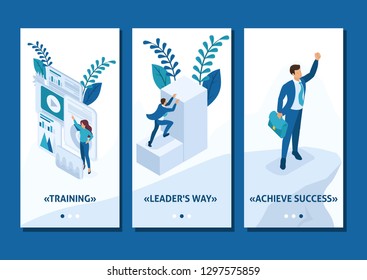 Isometric Template app Big businessman at the top symbolizes leadership and success, people follow him, smartphone apps