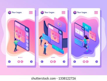 Isometric Template app bright concept the team is testing a new device, the smart watch, smartphone apps.