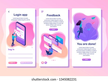 Isometric Template app bright concept users write comments, recall and feedback about services, smartphone apps.
