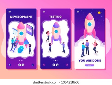 Isometric Template app Bright concept start up a new business by young entrepreneurs, smartphone apps.