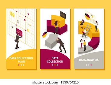 Isometric Template app collecting and analyzing data, people collect a chart, smartphone apps