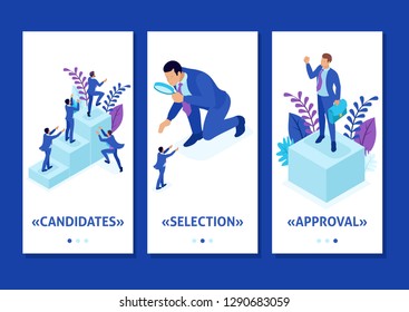 Isometric Template app competitive struggle for career growth, businessman looks at candidates through a magnifying glass, smartphone apps