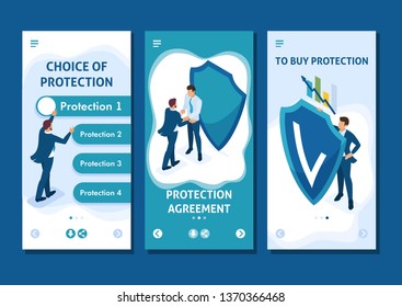 Isometric Template app concept Business businessmen hiding behind a shield from attack, smartphone apps.