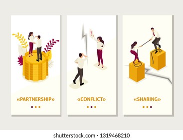 Isometric Template app concept conflict of partners and disagreements in business, smartphone apps.
