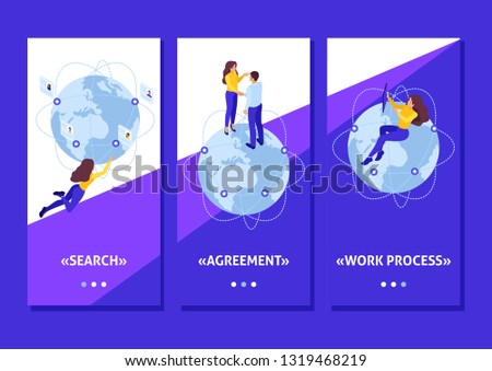 Isometric Template app concept hiring remote workers for the project, cooperation through the Internet, smartphone apps.