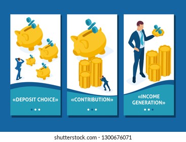 Isometric Template app The concept of investing in a bank deposit, small people carry money, smartphone apps.