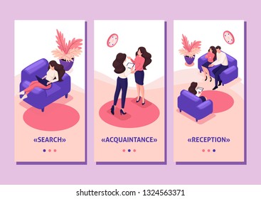Isometric Template app concept spouses at the reception of psychologist, conflict in the family, smartphone apps