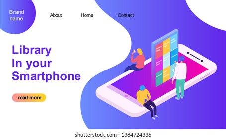 Isometric Template app design concept choose the right your book in our library smartphone apps. use for landing page, template, ui, web, mobile app, poster, banner. Characters flat cartoon design.