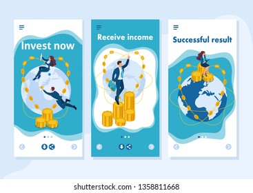 Isometric Template app international investment company, businessmen fly around the world, smartphone apps.