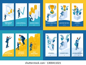 Isometric Template app mortgage loan, Interest loans, achieving goal, climbing to the top.