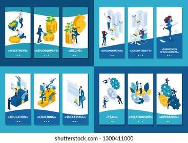 Isometric Template app Preparation of audit reports, teamwork, capital investment, education for success.