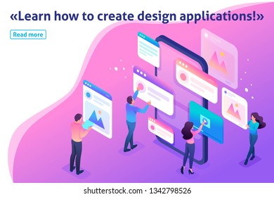 Isometric Template banner article bright concept the process of creating an application design, UI UX.