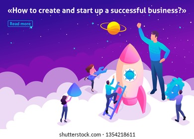 Isometric Template banner article Bright concept start up a new business by young entrepreneurs.