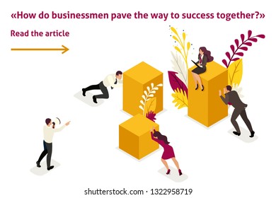 Isometric Template banner article businessmen pave the way to success, Business solution.