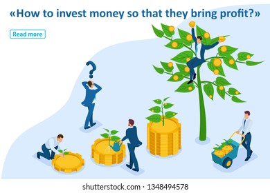 Isometric Template banner article businessmen invest money and help them grow and make a profit