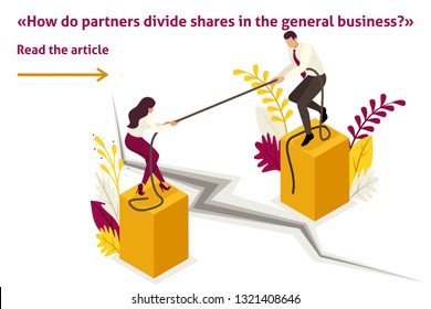 Isometric Template banner article conflict of partners and disagreements in business.