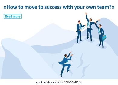 Isometric Template banner article goal achievement concept with your team, leadership.