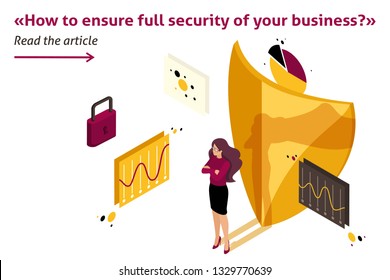 Isometric Template banner article how to ensure full safety of your business, lawyer girl