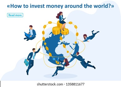 Isometric Template banner article international investment company, businessmen fly around the world.