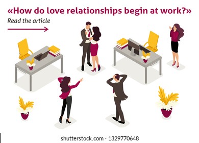 Isometric Template banner article love affair at work, colleagues shocked love colleagues